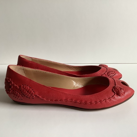 Valentino Garavani Vintage Red  Leather Peep Toe Flats Floral Stitching Sz 7 - Picture 3 of 10